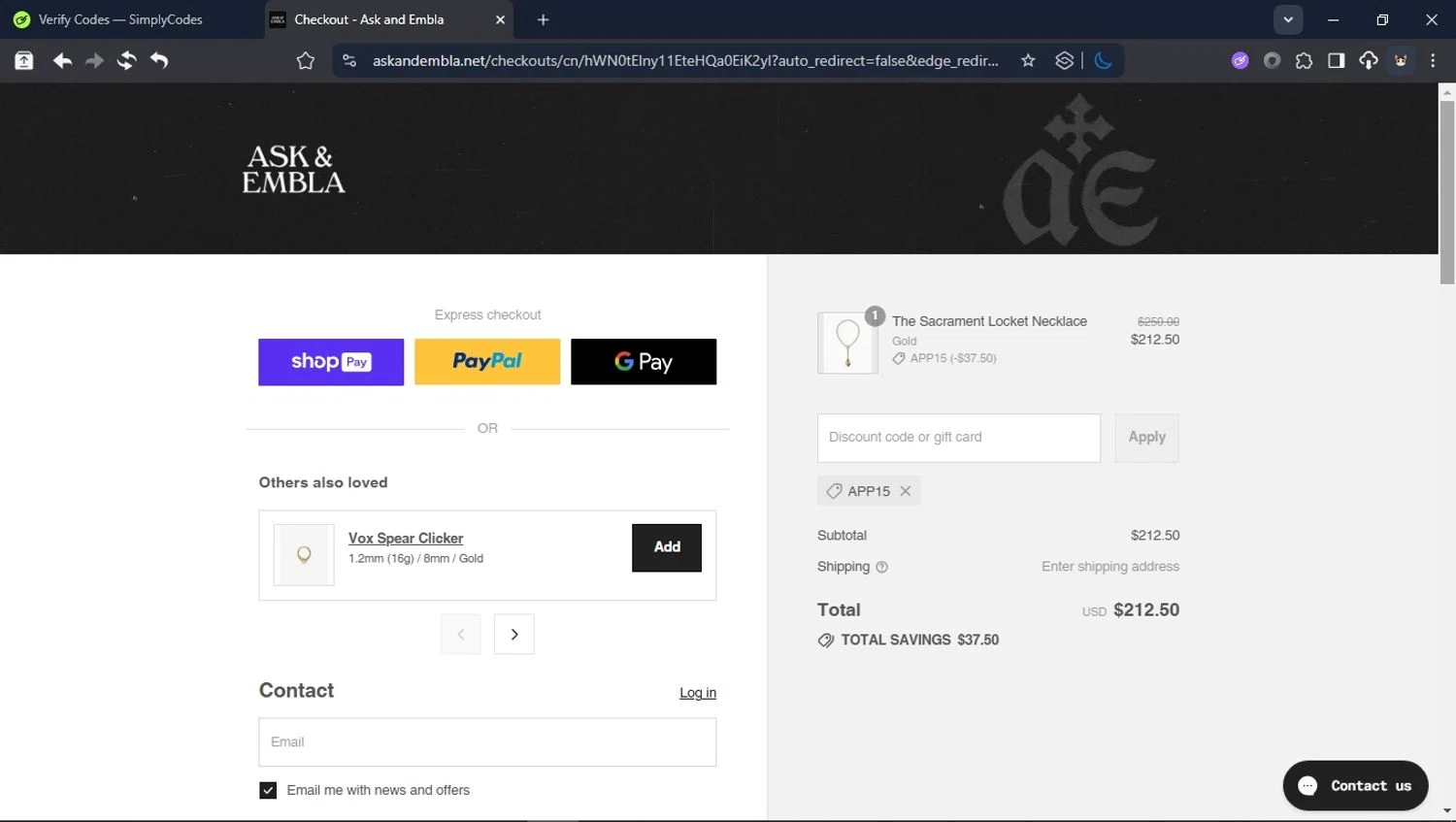 Ask and Embla discount code screenshot showing code APP15 applied at Ask and Embla checkout page. Uploaded by SimplyCodes community member USER_RANDON on Jul 21, 2025