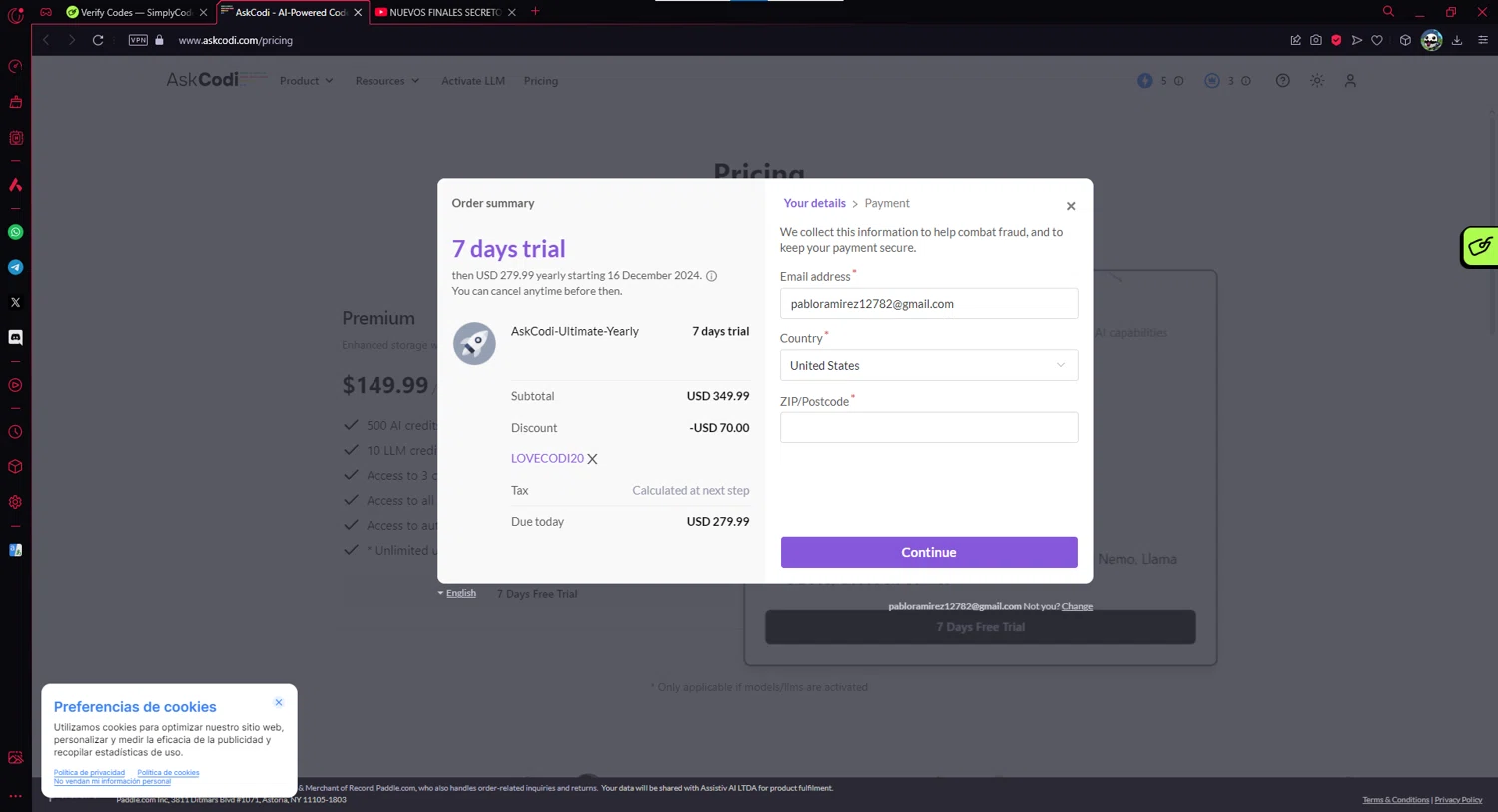 AskCodi checkout page showing AskCodi promo code box | Screenshot taken by SimplyCodes community member on Dec 9, 2024