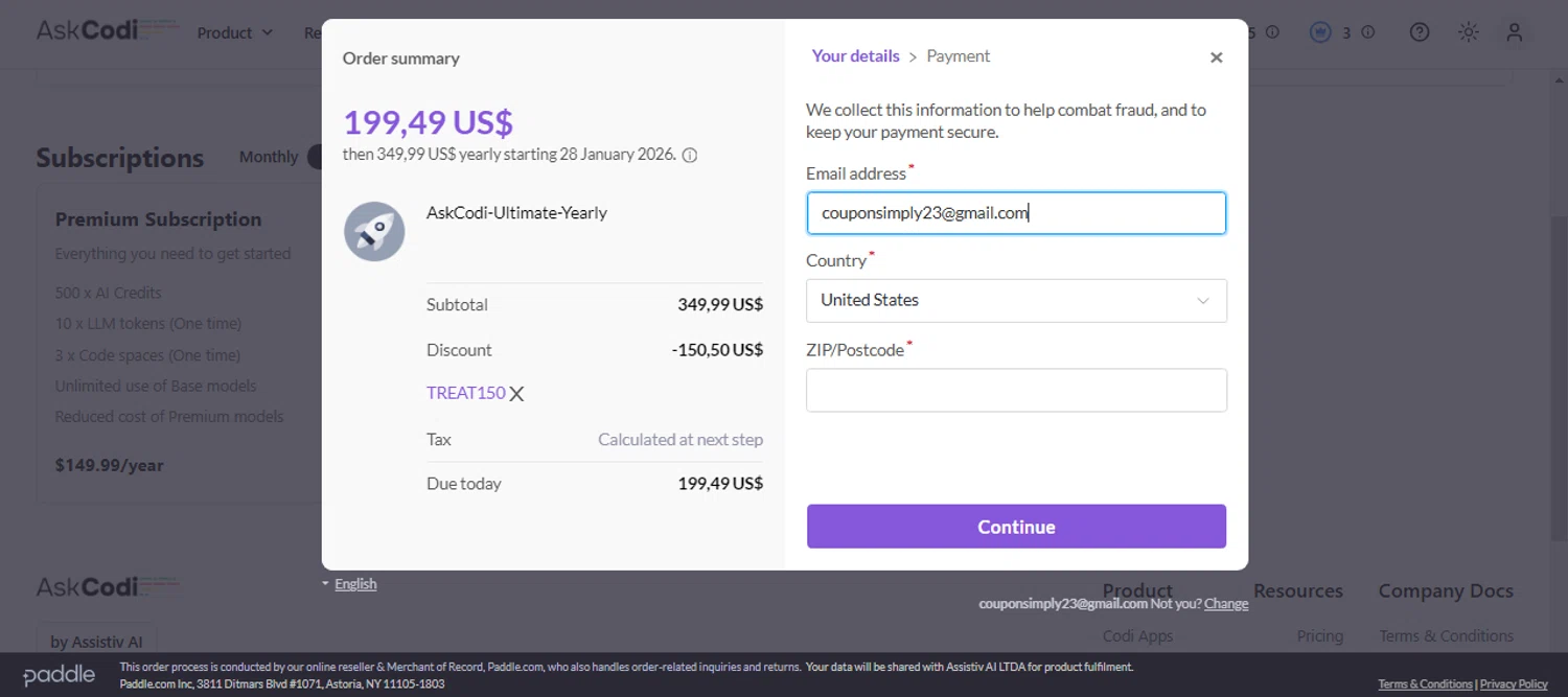 AskCodi promo code screenshot showing code treat150 applied at AskCodi checkout page. Uploaded by SimplyCodes community member Vanecobyuv on Jan 29, 2025
