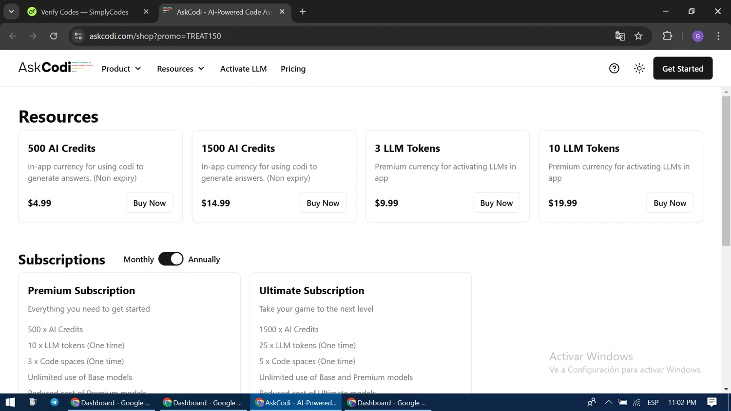 AskCodi promo code screenshot showing code treat150 applied at AskCodi checkout page. Uploaded by SimplyCodes community member GloriousCaptain3662 on Jan 29, 2025