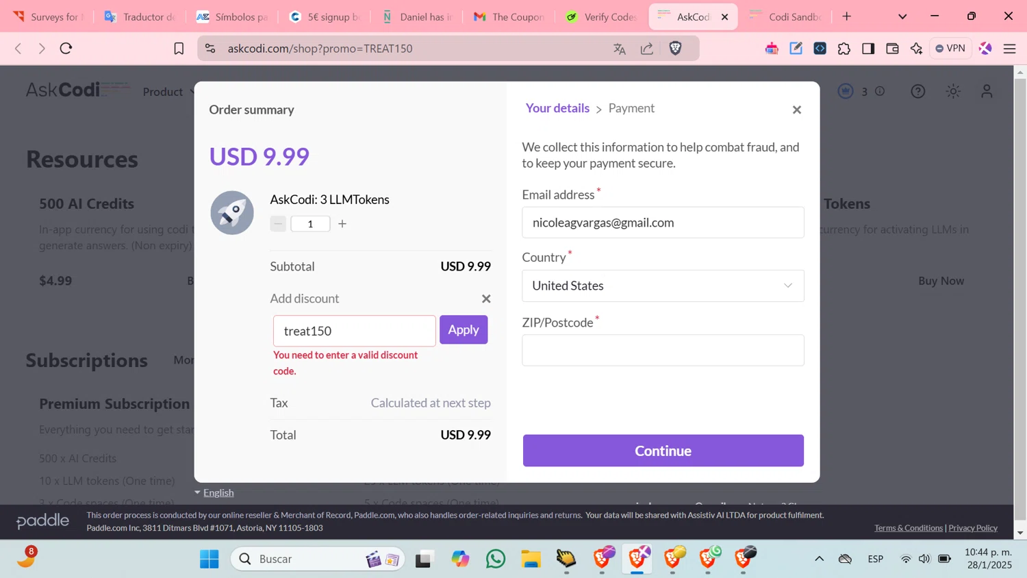 AskCodi promo code screenshot showing code treat150 applied at AskCodi checkout page. Uploaded by SimplyCodes community member cosita on Jan 29, 2025