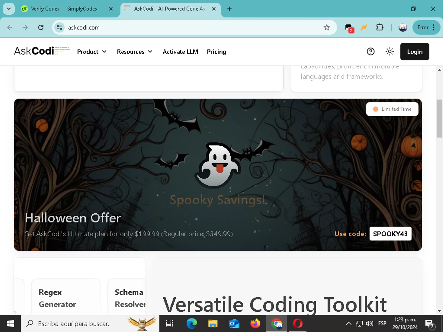 AskCodi checkout page showing AskCodi promo code box | Screenshot taken by SimplyCodes community member on Oct 29, 2024