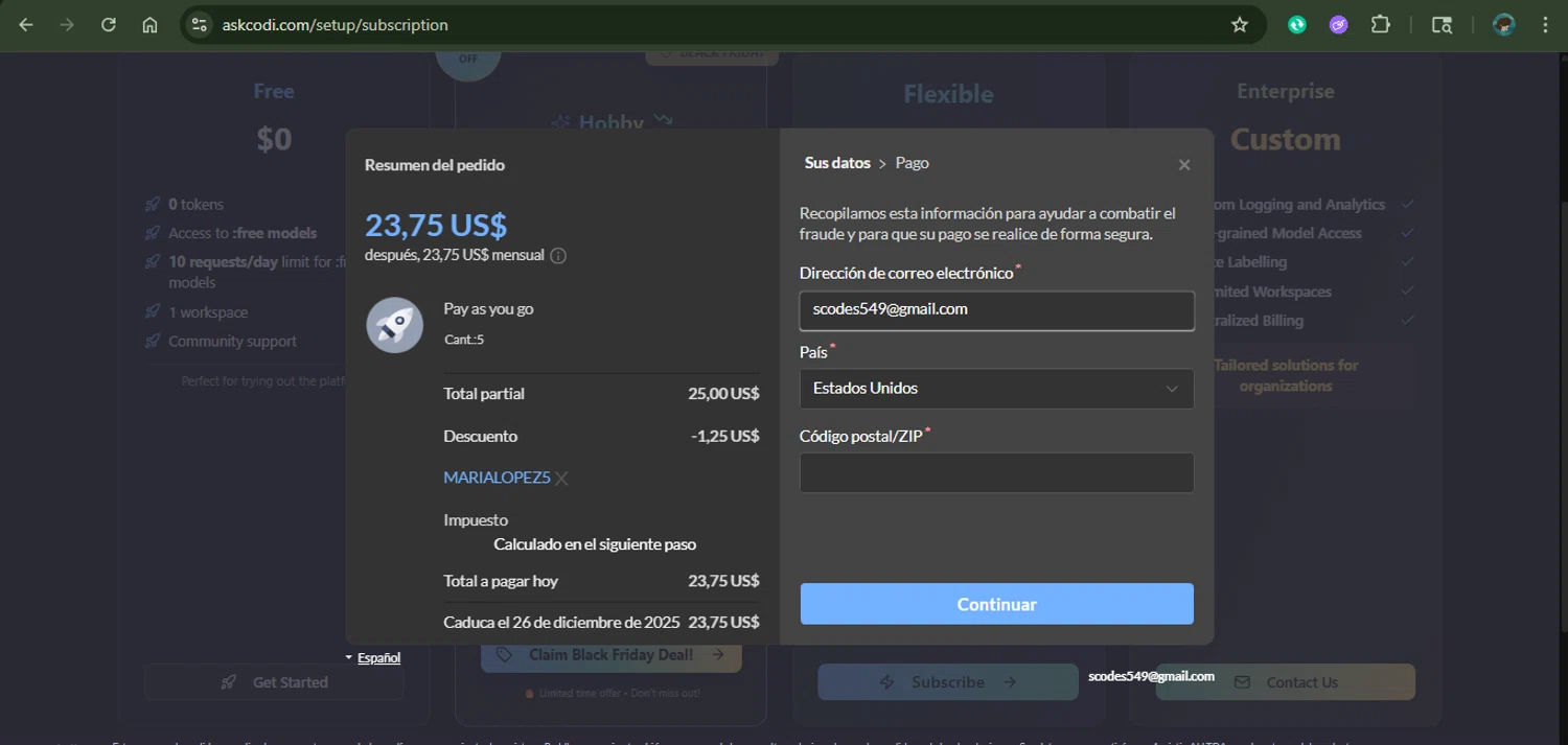 AskCodi promo code screenshot showing code marialopez5 applied at AskCodi checkout page. Uploaded by SimplyCodes community member xAngel on Nov 26, 2025