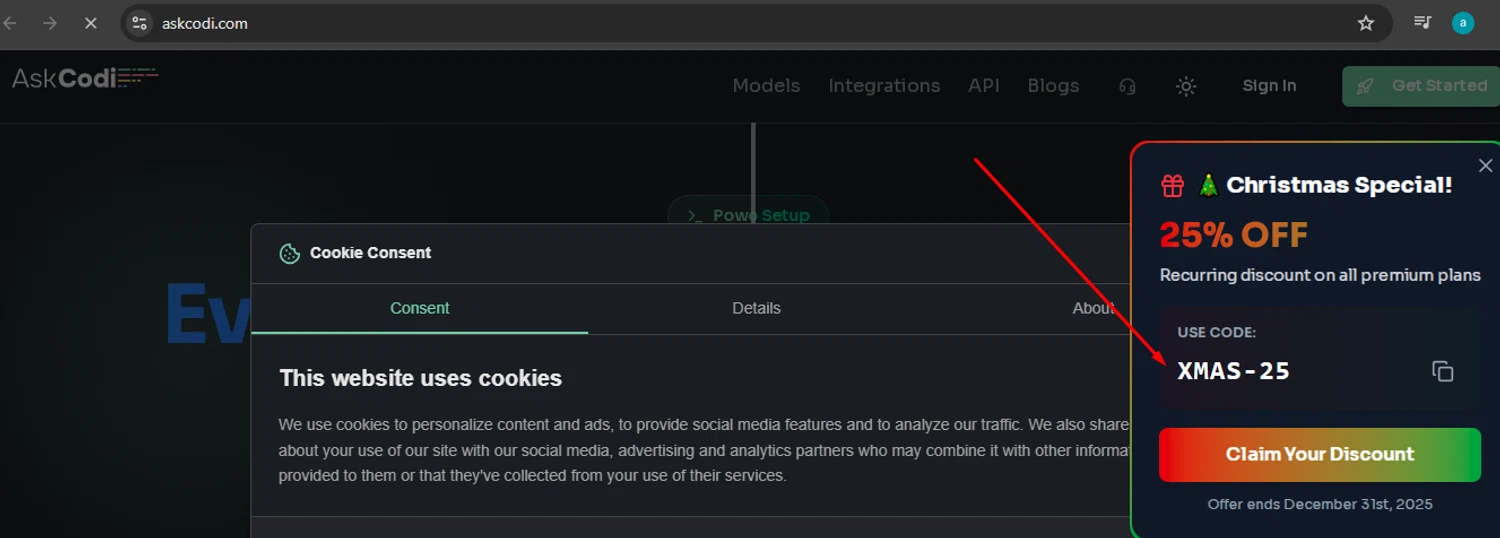 AskCodi promo code screenshot showing code XMAS-25 applied at AskCodi checkout page. Uploaded by SimplyCodes community member argenygalvez on Dec 25, 2025