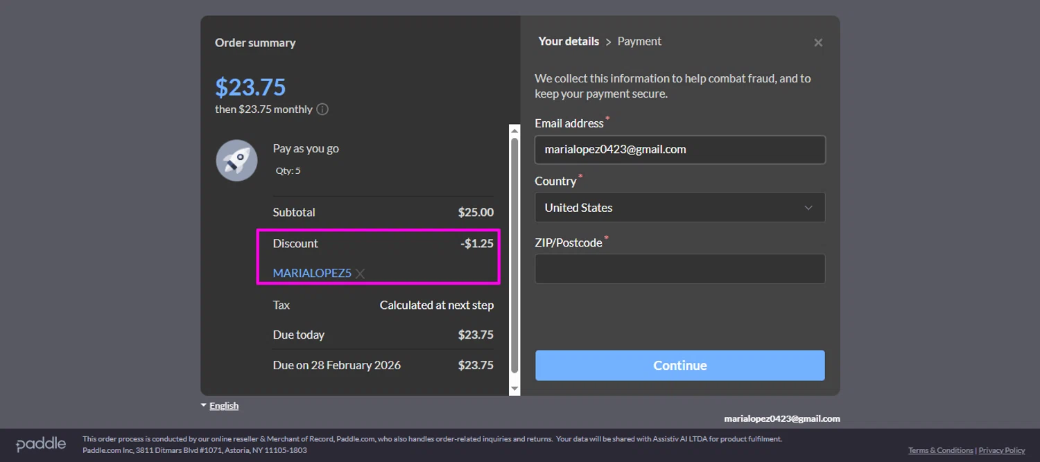AskCodi promo code screenshot showing code marialopez5 applied at AskCodi checkout page. Uploaded by SimplyCodes community member mrdarcy on Jan 29, 2026