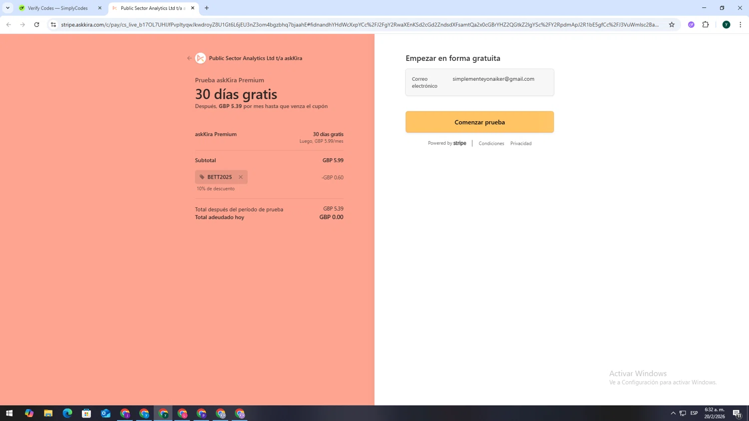 askKira promo code screenshot showing code BETT2025 applied at askKira checkout page. Uploaded by SimplyCodes community member VoucherSpotter6910 on Feb 20, 2026