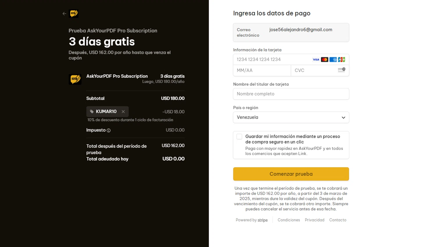 Ask Your PDF promo code screenshot showing code KUMAR10 applied at Ask Your PDF checkout page. Uploaded by SimplyCodes community member Kmacho on Feb 28, 2025