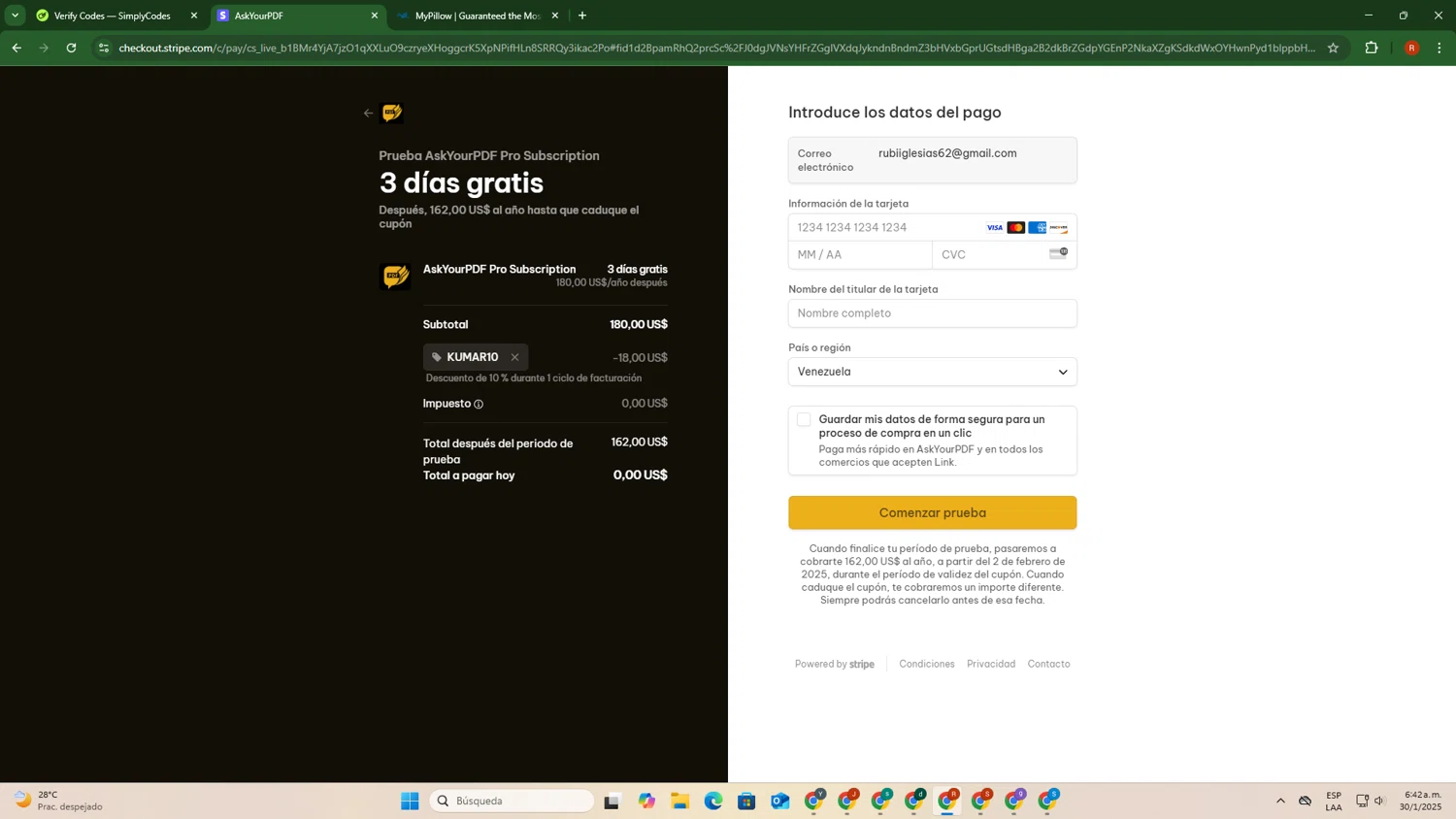 Ask Your PDF promo code screenshot showing code KUMAR10 applied at Ask Your PDF checkout page. Uploaded by SimplyCodes community member RubiDg on Jan 30, 2025