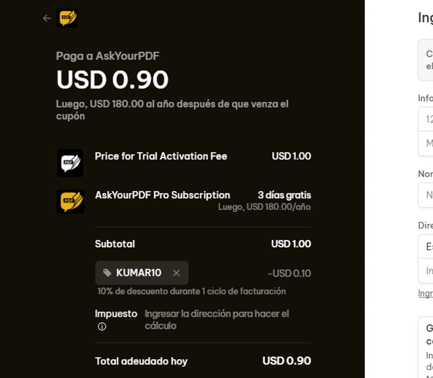 Ask Your PDF promo code screenshot showing code KUMAR10 applied at Ask Your PDF checkout page. Uploaded by SimplyCodes community member WiseLegend5590 on Mar 29, 2025