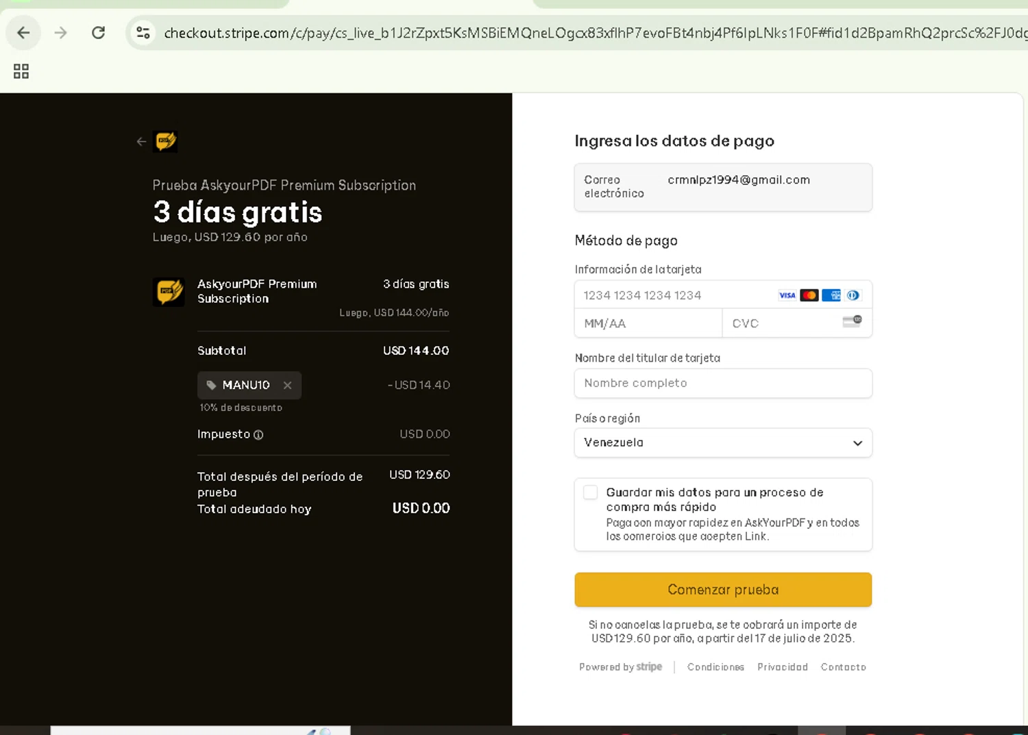Ask Your PDF promo code screenshot showing code MANU10 applied at Ask Your PDF checkout page. Uploaded by SimplyCodes community member NobleSentinel8535 on Jul 14, 2025