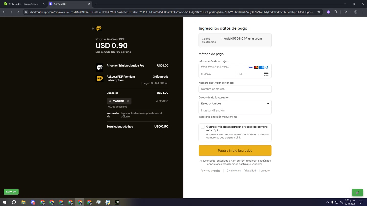 Ask Your PDF promo code screenshot showing code MANU10 applied at Ask Your PDF checkout page. Uploaded by SimplyCodes community member gggggggggggggggggggggg on Oct 9, 2025
