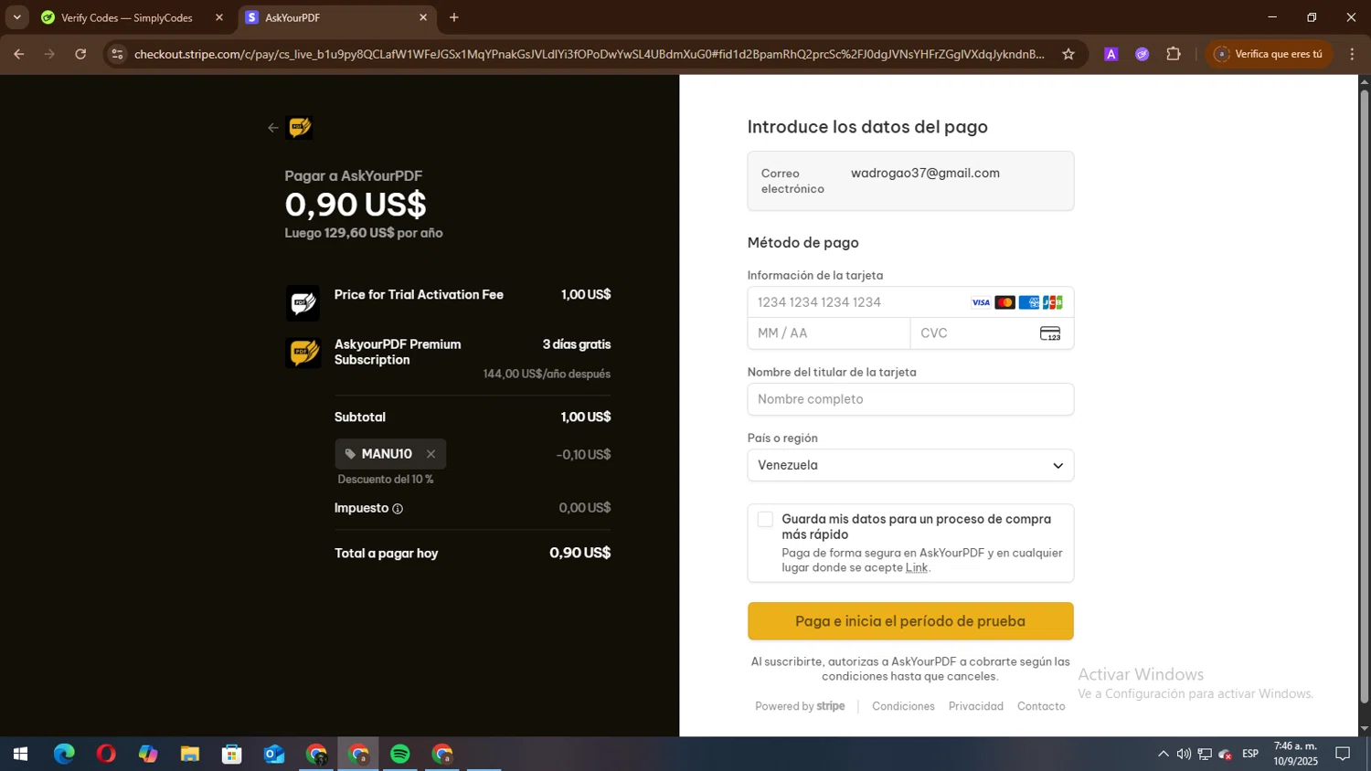 Ask Your PDF promo code screenshot showing code MANU10 applied at Ask Your PDF checkout page. Uploaded by SimplyCodes community member lisandro on Sep 10, 2025