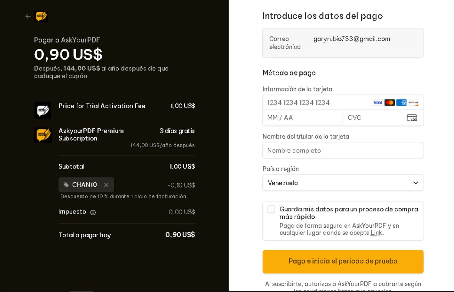 Ask Your PDF promo code screenshot showing code CHAN10 applied at Ask Your PDF checkout page. Uploaded by SimplyCodes community member CRYSTALSUICINE on Dec 15, 2025