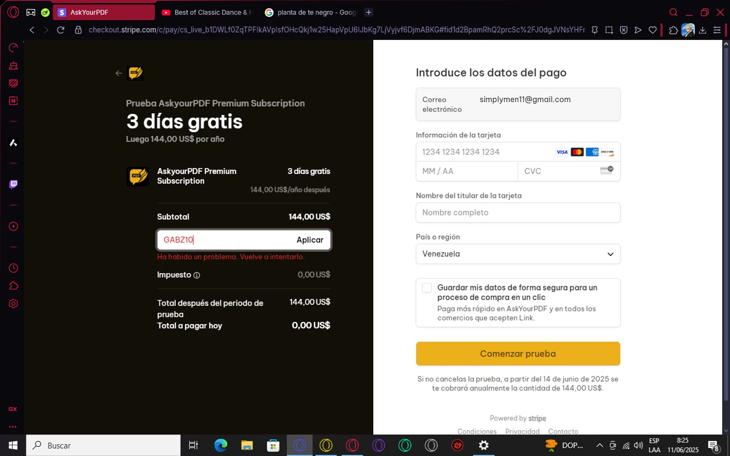 Ask Your PDF promo code screenshot showing code GABZ10 applied at Ask Your PDF checkout page. Uploaded by SimplyCodes community member Roronoazoro on Jun 11, 2025