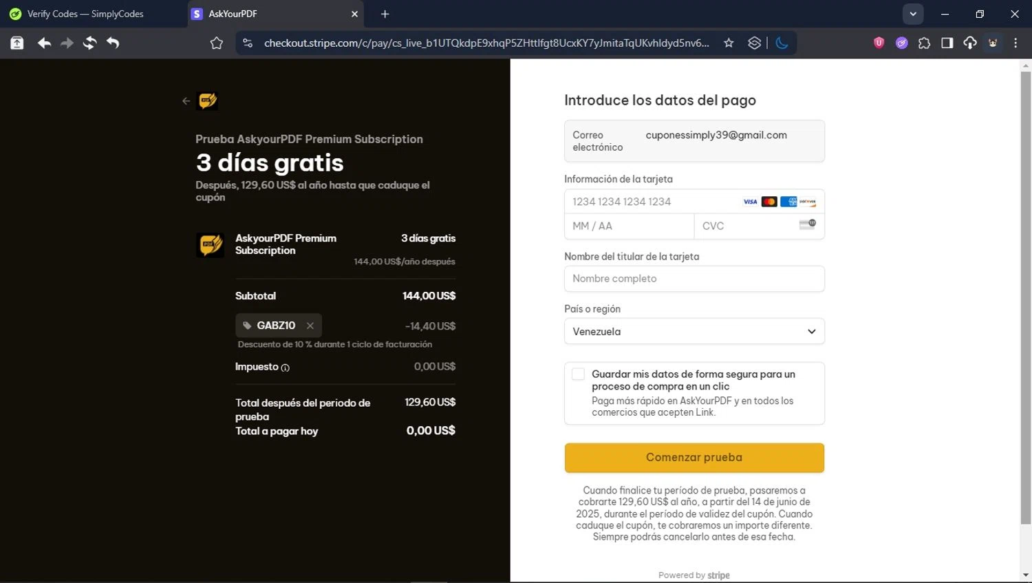 Ask Your PDF promo code screenshot showing code GABZ10 applied at Ask Your PDF checkout page. Uploaded by SimplyCodes community member USER_RANDON on Jun 11, 2025