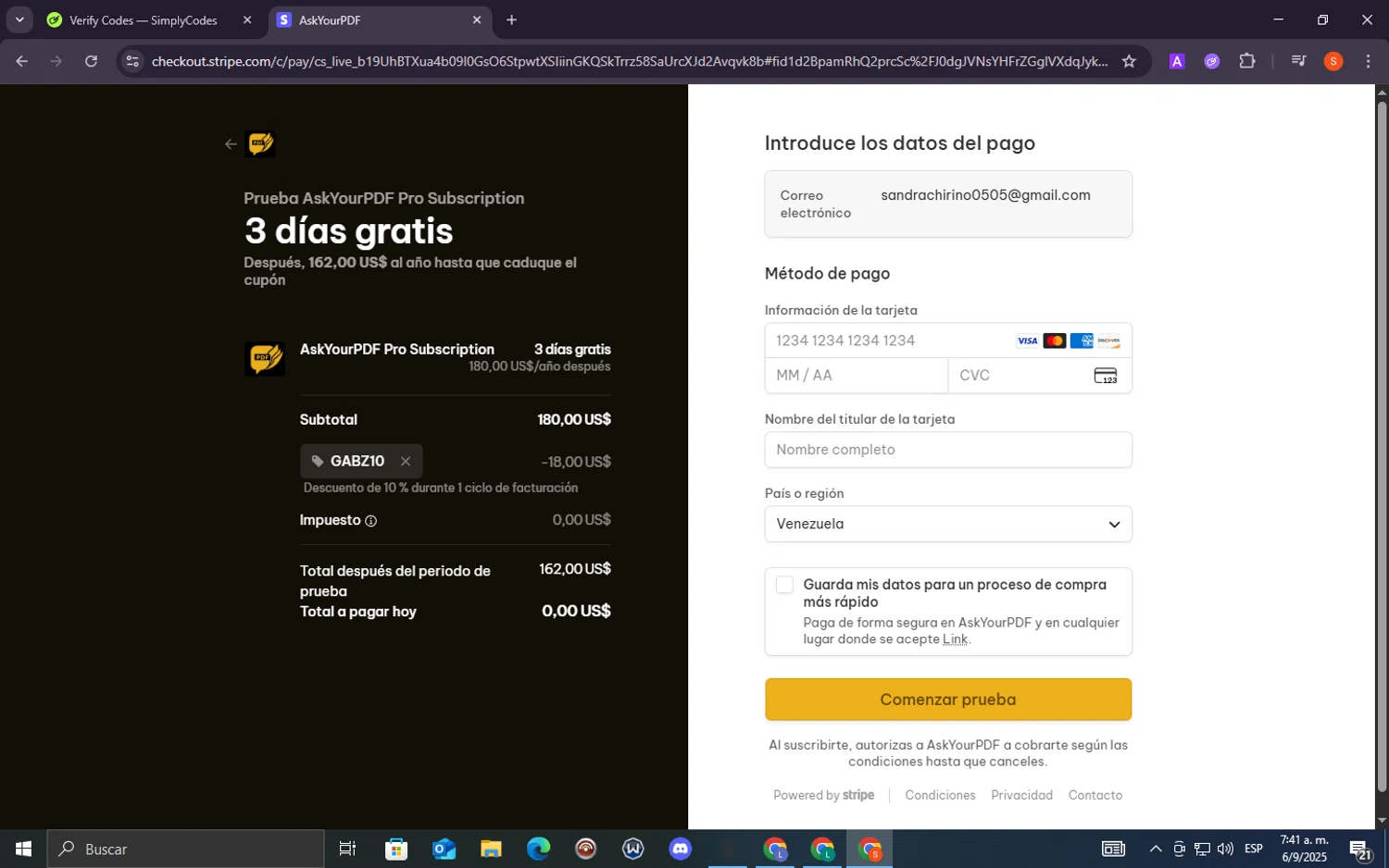 Ask Your PDF promo code screenshot showing code GABZ10 applied at Ask Your PDF checkout page. Uploaded by SimplyCodes community member lacrita_pirueta on Sep 6, 2025