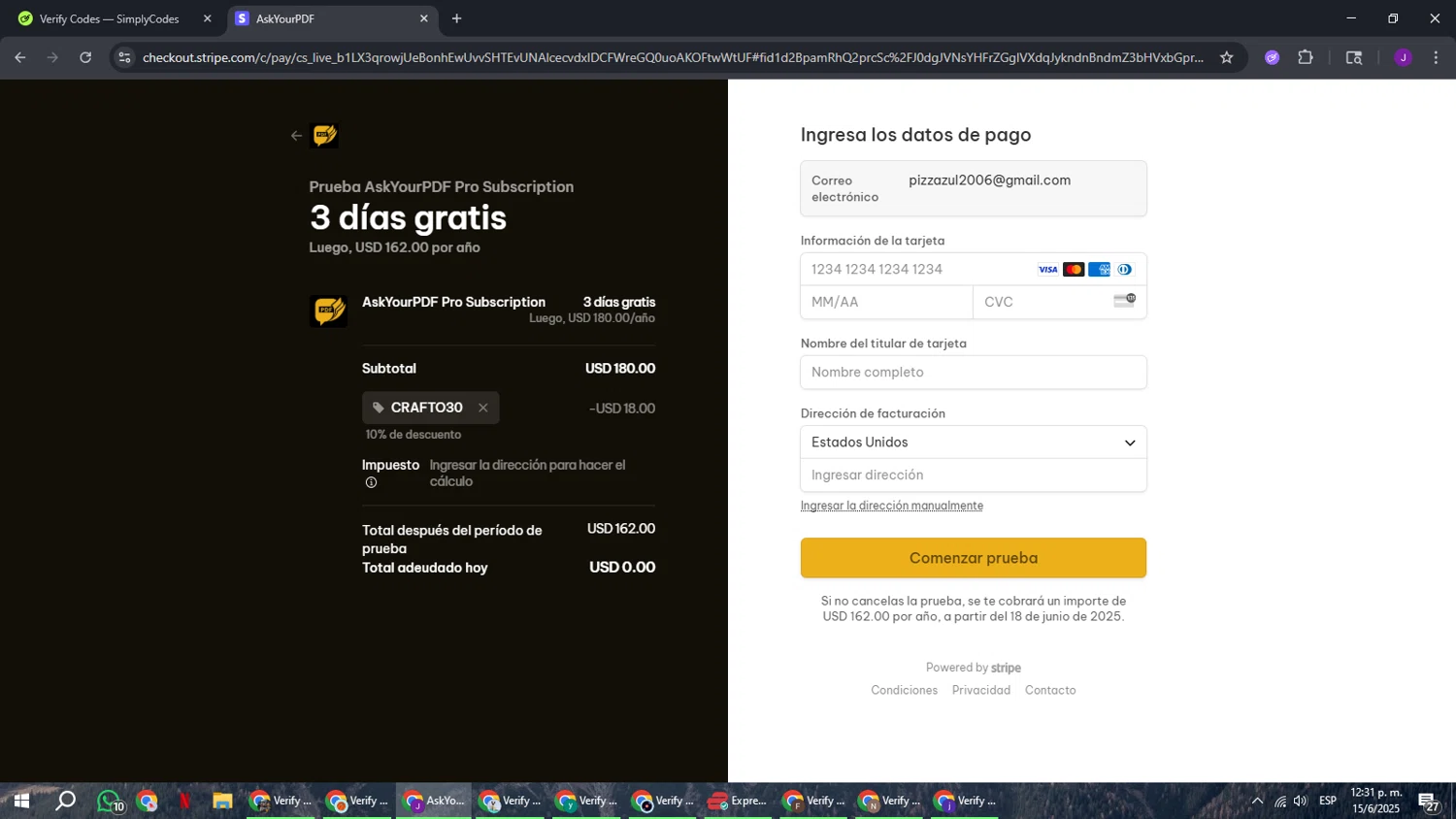Ask Your PDF promo code screenshot showing code CRAFTO30 applied at Ask Your PDF checkout page. Uploaded by SimplyCodes community member ComeBurra123 on Jun 15, 2025