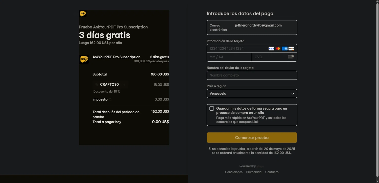 Ask Your PDF promo code screenshot showing code CRAFTO30 applied at Ask Your PDF checkout page. Uploaded by SimplyCodes community member Nor_man on May 17, 2025
