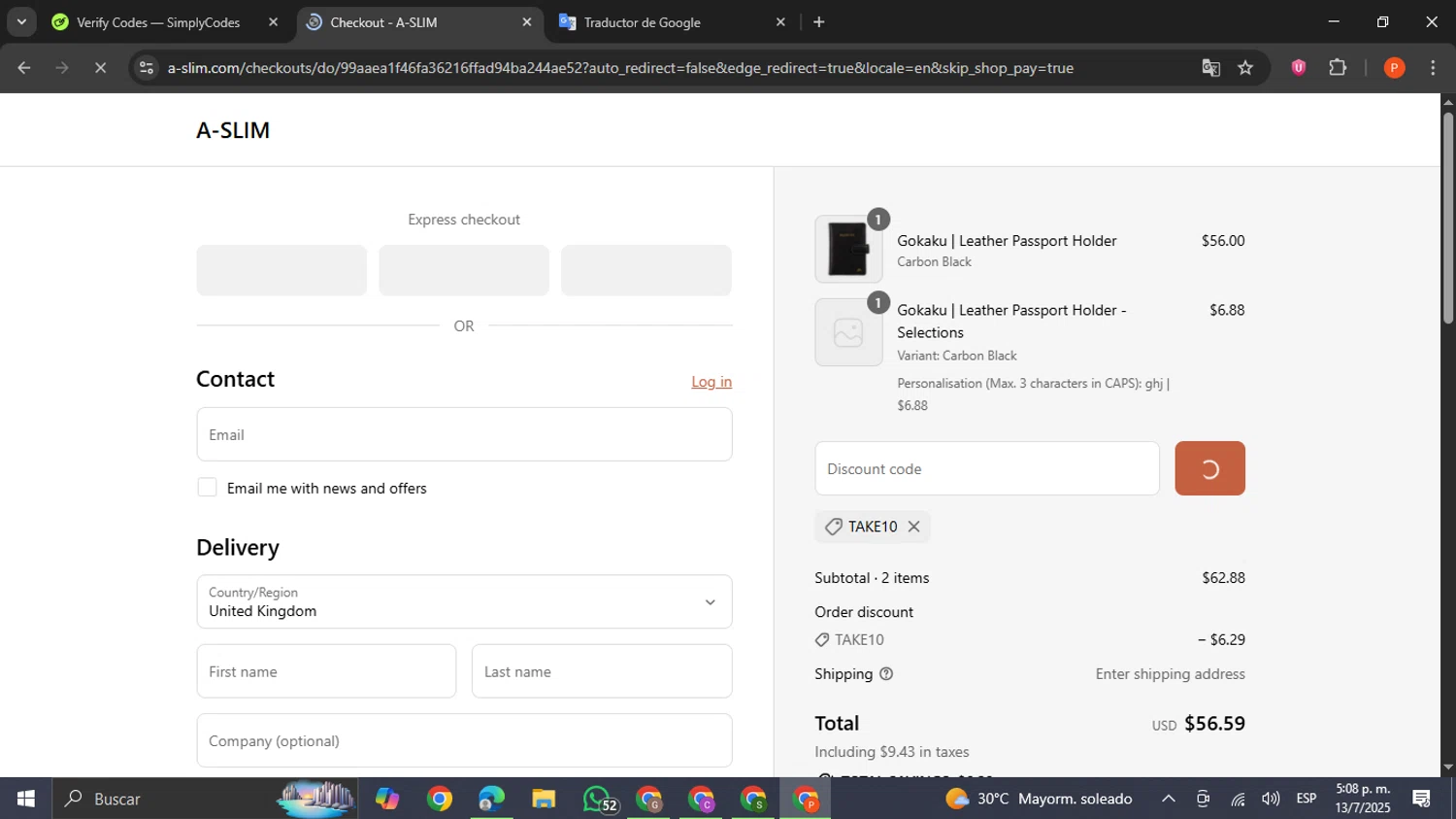 A-SLIM promo code screenshot showing code TAKE10 applied at A-SLIM checkout page. Uploaded by SimplyCodes community member VictoriousCaptain2658 on Jul 13, 2025