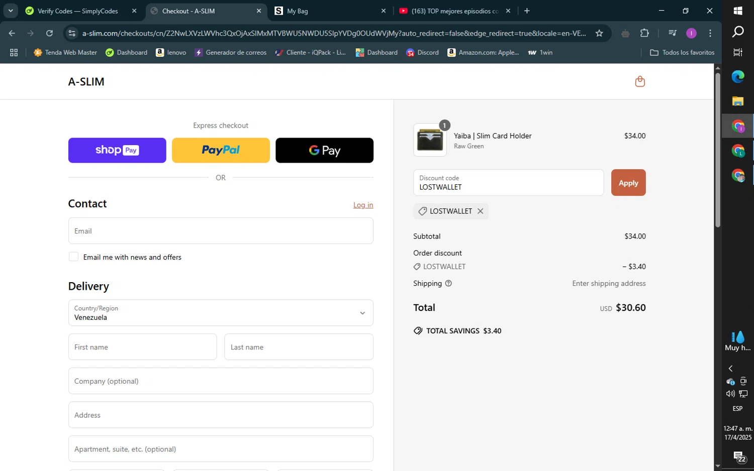 A-SLIM promo code screenshot showing code LOSTWALLET applied at A-SLIM checkout page. Uploaded by SimplyCodes community member LiaCamila on Apr 17, 2025