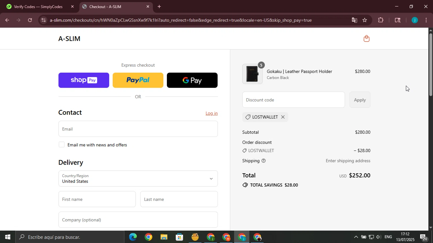 A-SLIM promo code screenshot showing code LOSTWALLET applied at A-SLIM checkout page. Uploaded by SimplyCodes community member juanjo2 on Jul 13, 2025