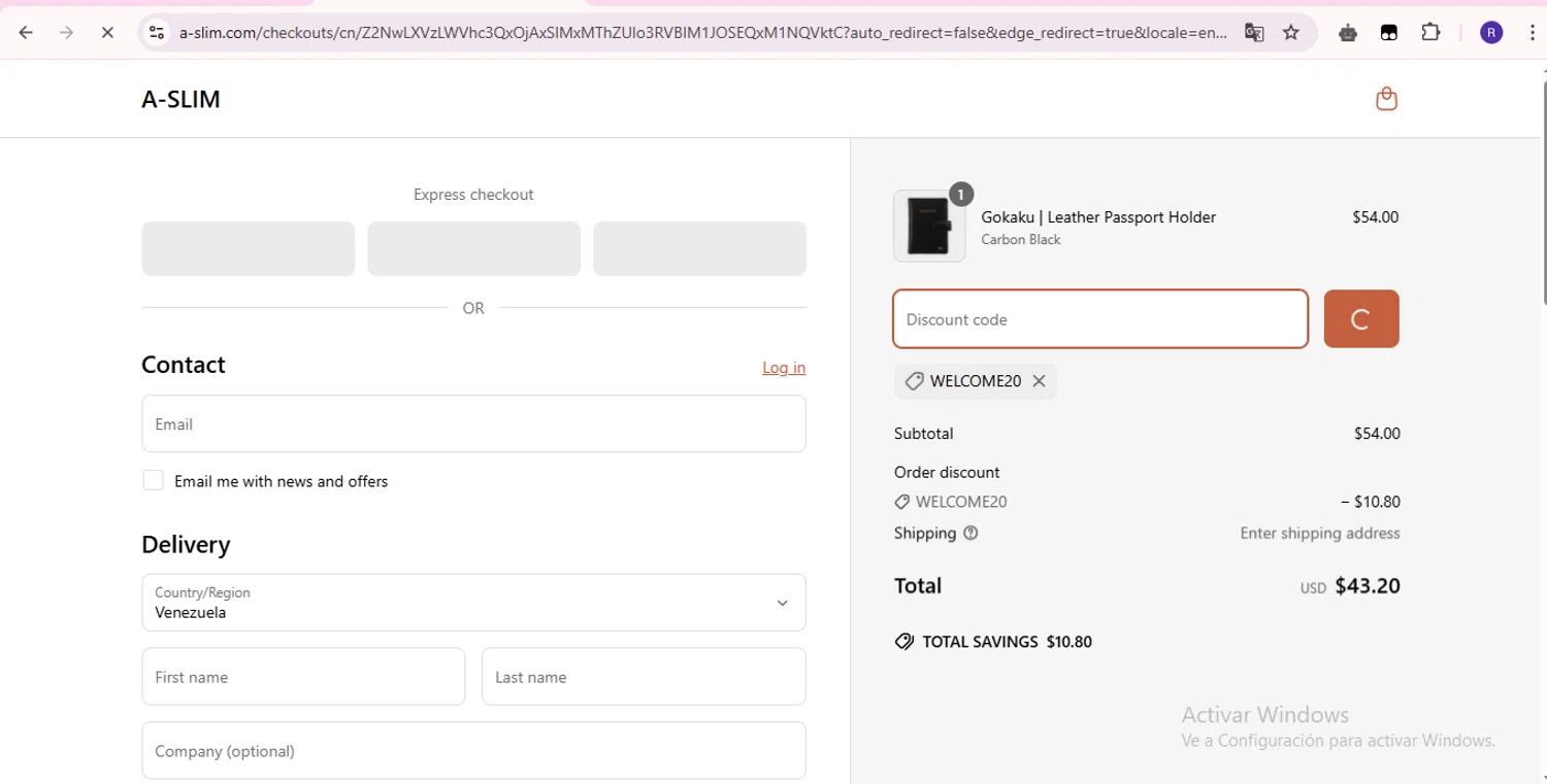 A-SLIM promo code screenshot showing code WELCOME20 applied at A-SLIM checkout page. Uploaded by SimplyCodes community member zurdinha on Apr 17, 2025