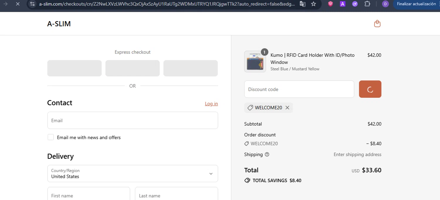 A-SLIM promo code screenshot showing code WELCOME20 applied at A-SLIM checkout page. Uploaded by SimplyCodes community member ShieldCurator2100 on Jul 13, 2025