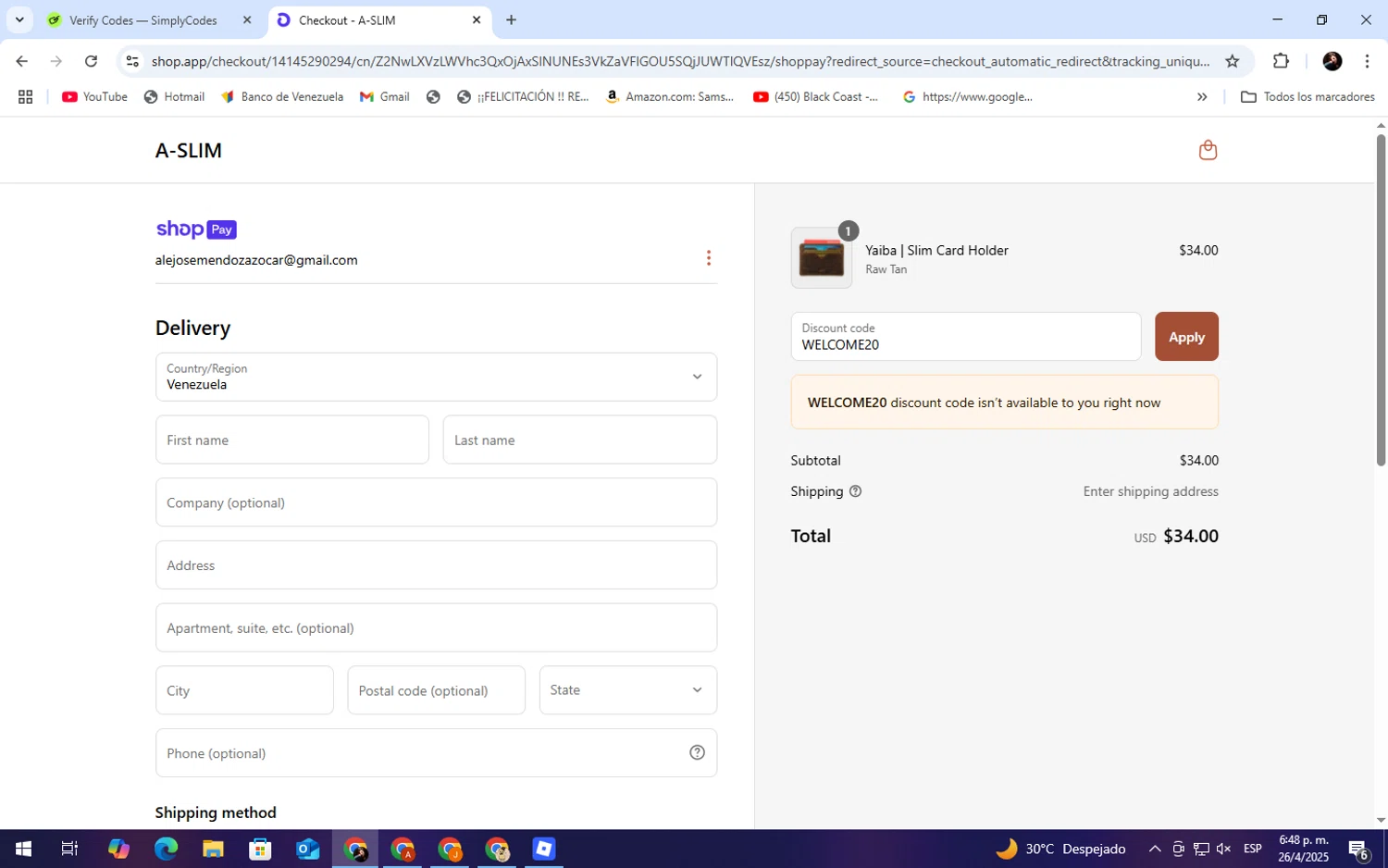 A-SLIM promo code screenshot showing code WELCOME20 applied at A-SLIM checkout page. Uploaded by SimplyCodes community member WiseScholar9036 on Apr 26, 2025