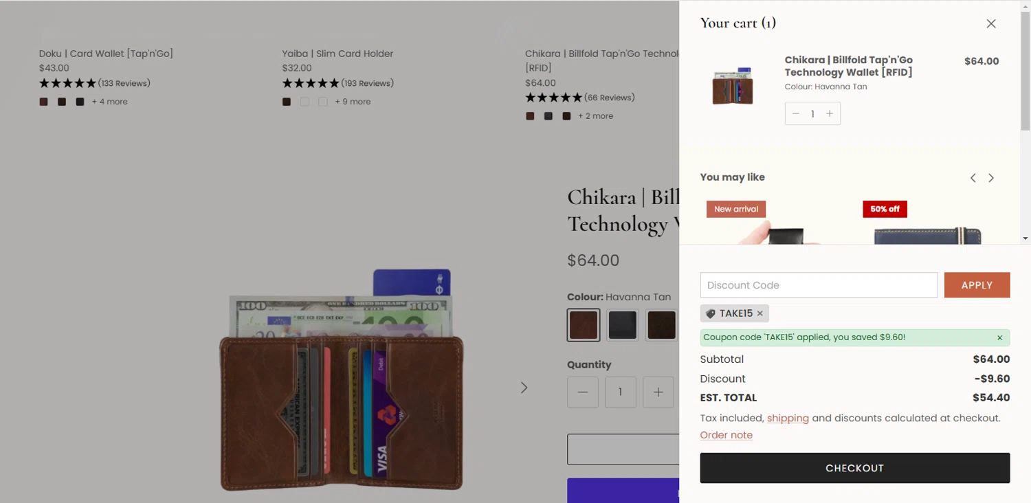 A-SLIM promo code screenshot showing code TAKE15 applied at A-SLIM checkout page. Uploaded by SimplyCodes community member Wolffire on Jan 8, 2025