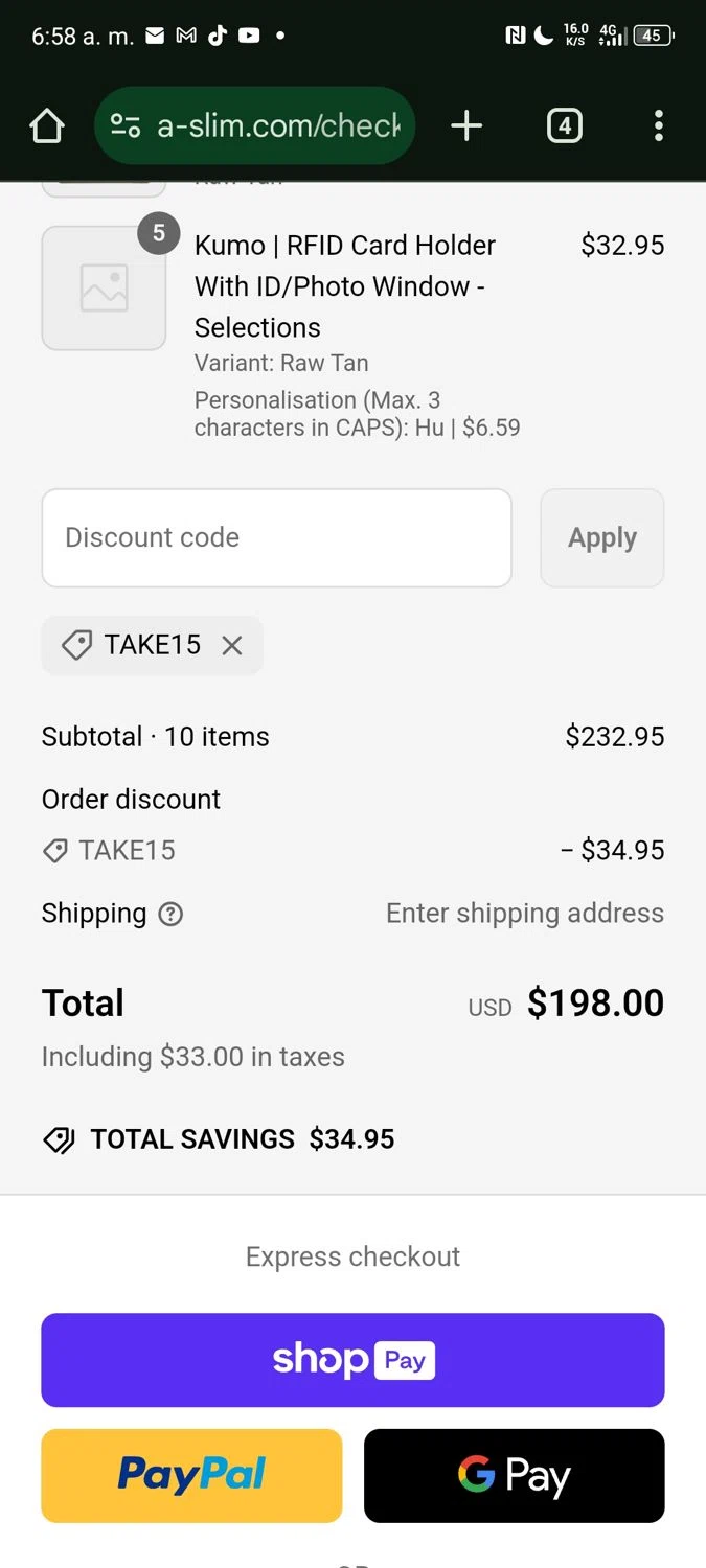A-SLIM promo code screenshot showing code TAKE15 applied at A-SLIM checkout page. Uploaded by SimplyCodes community member XemoGOD on Mar 8, 2025