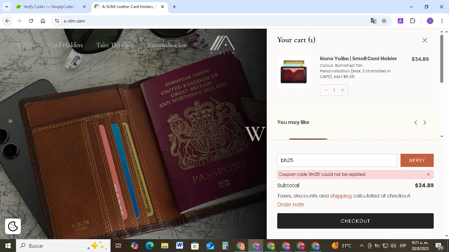 A-SLIM promo code screenshot showing code bh25 applied at A-SLIM checkout page. Uploaded by SimplyCodes community member TAZ2024 on Aug 28, 2025