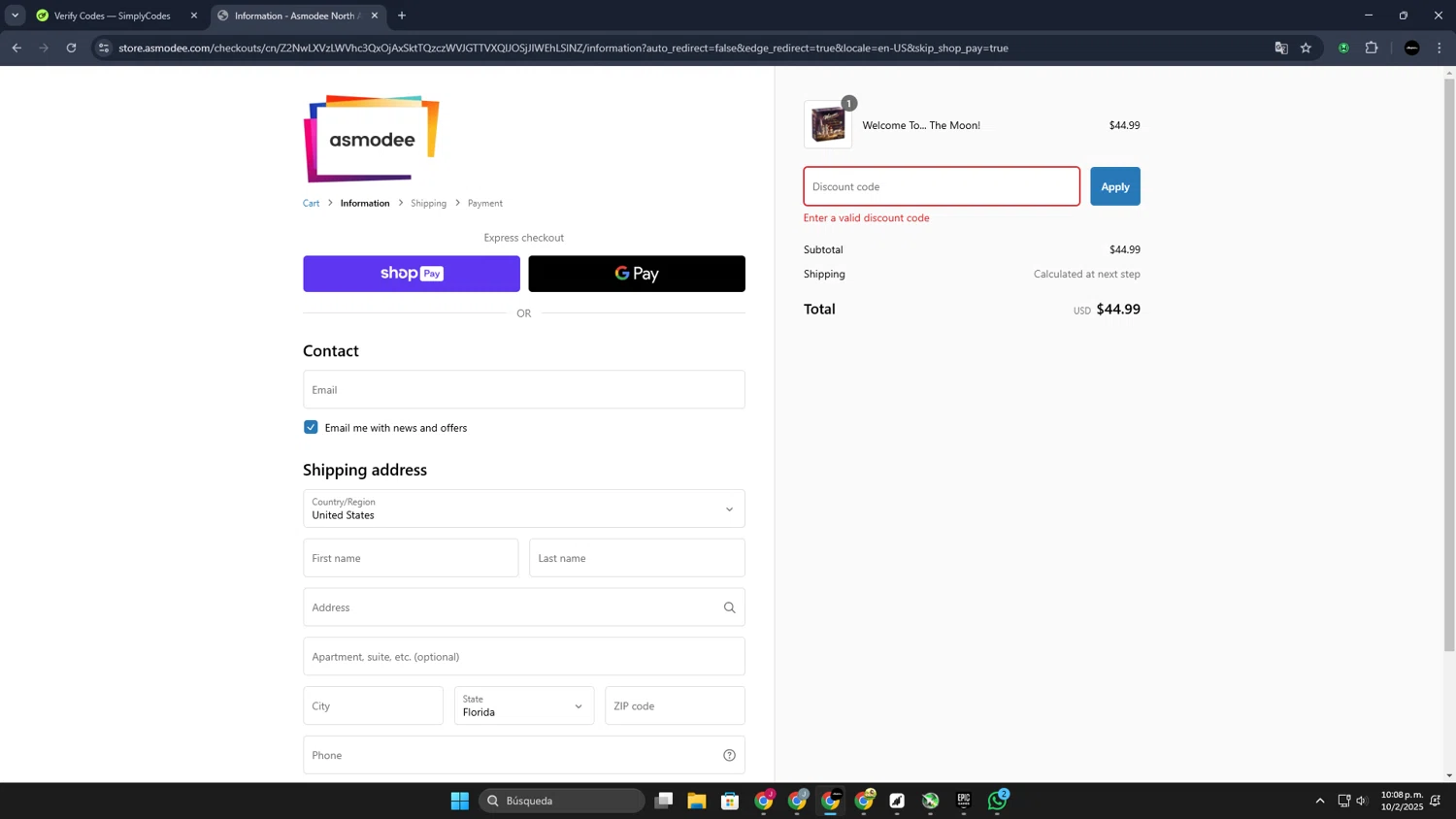 Asmodee Shop promo code screenshot showing code WELCOME applied at Asmodee Shop checkout page. Uploaded by SimplyCodes community member JoseLocoHugo on Feb 11, 2025