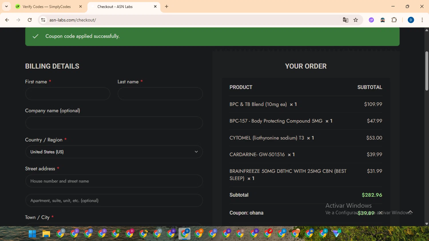 ASN Labs promo code screenshot showing code OHANA applied at ASN Labs checkout page. Uploaded by SimplyCodes community member DealVoyager8768 on Aug 21, 2025