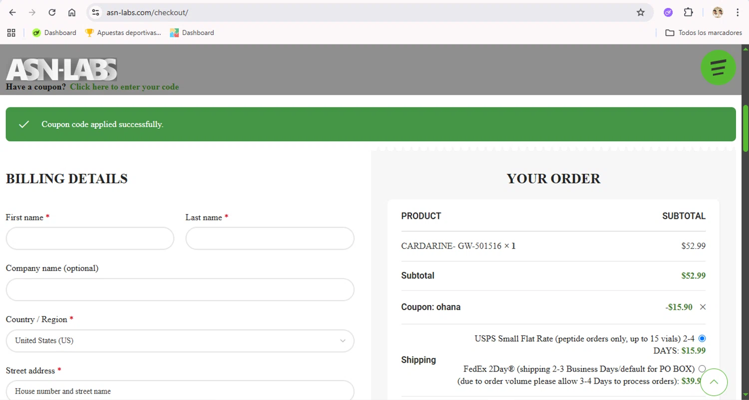 ASN Labs promo code screenshot showing code OHANA applied at ASN Labs checkout page. Uploaded by SimplyCodes community member LegendaryTitan9160 on Oct 18, 2025