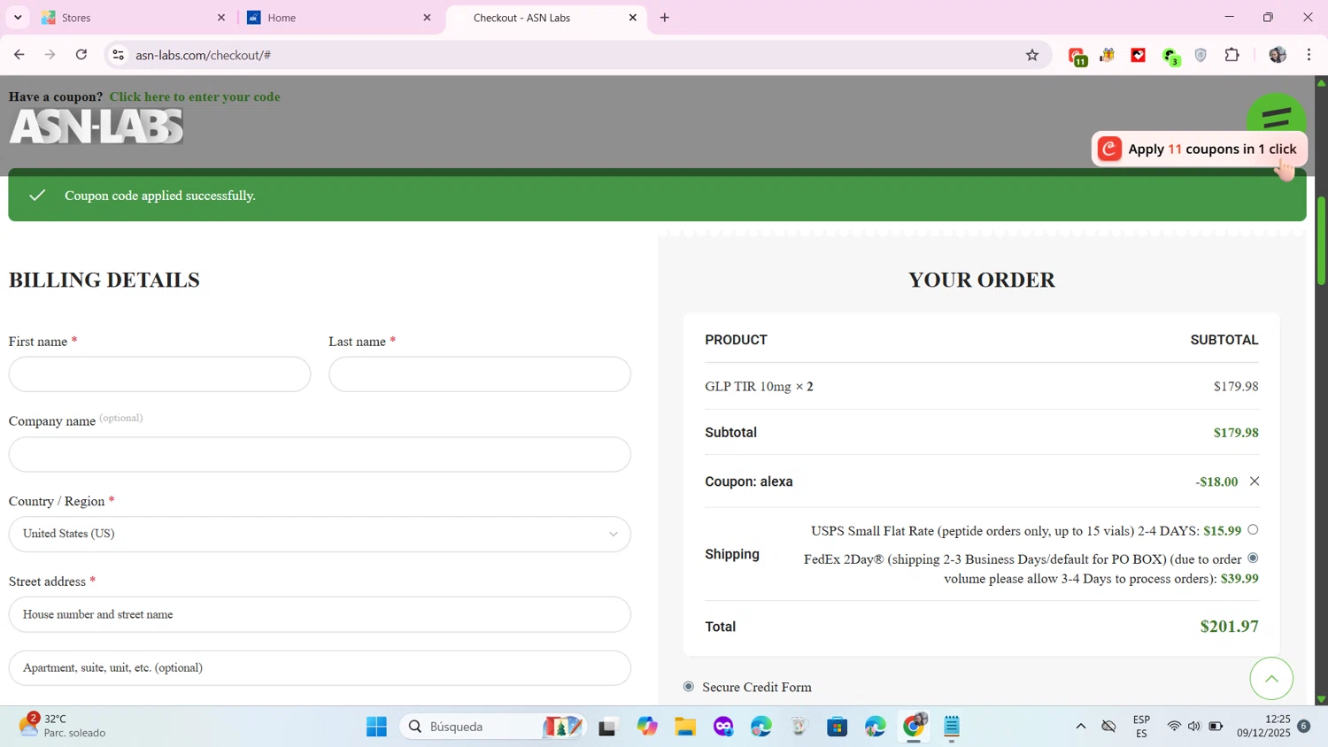 ASN Labs promo code screenshot showing code alexa applied at ASN Labs checkout page. Uploaded by SimplyCodes community member BrilliantTracker4309 on Dec 9, 2025