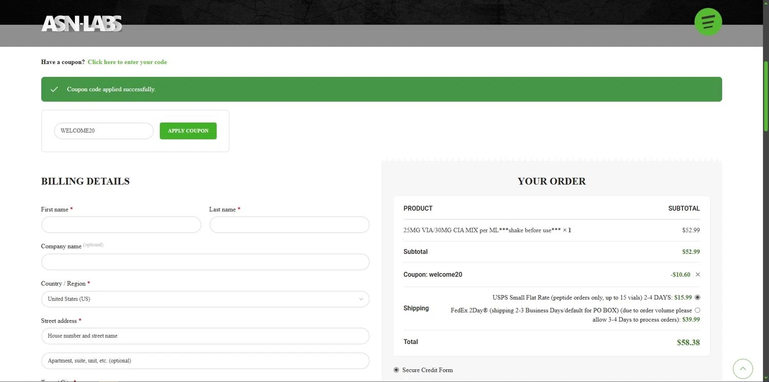 ASN Labs promo code screenshot showing code WELCOME20 applied at ASN Labs checkout page. Uploaded by SimplyCodes community member Depressive on Dec 9, 2025