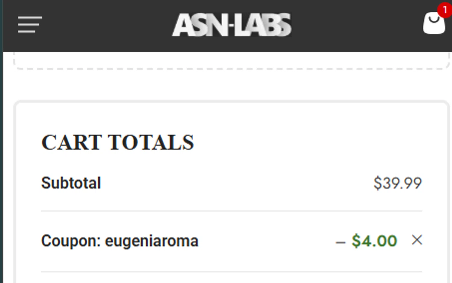 ASN Labs promo code screenshot showing code eugeniaroma applied at ASN Labs checkout page. Uploaded by SimplyCodes community member EugeniaRoMa on Dec 3, 2025