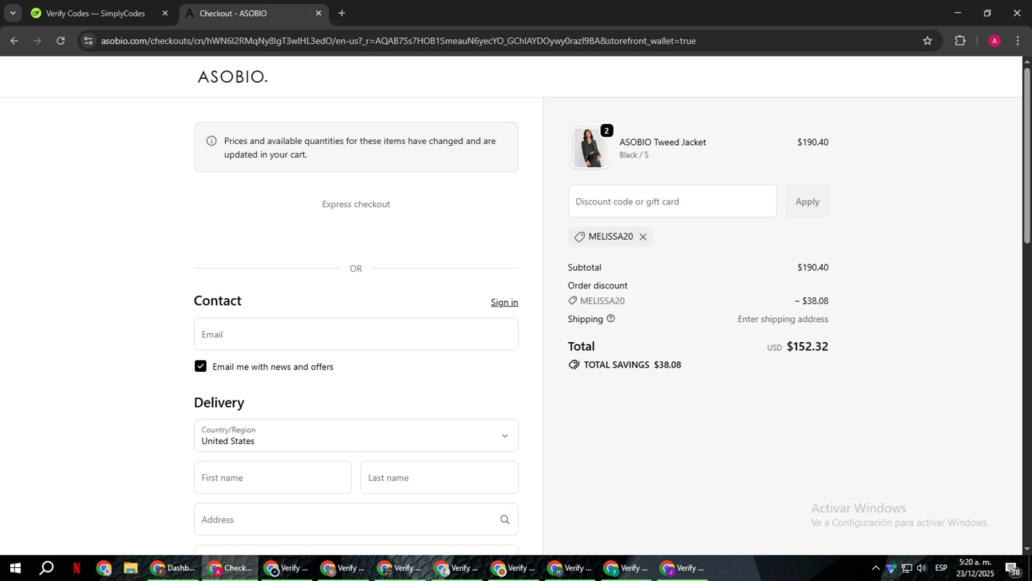 ASOBIO promo code screenshot showing code MELISSA20 applied at ASOBIO checkout page. Uploaded by SimplyCodes community member BMWGS1200 on Dec 23, 2025