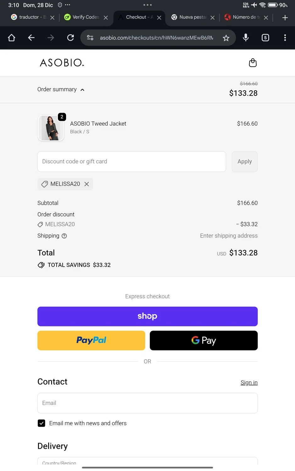 ASOBIO promo code screenshot showing code MELISSA20 applied at ASOBIO checkout page. Uploaded by SimplyCodes community member SavvyScholar3684 on Dec 28, 2025