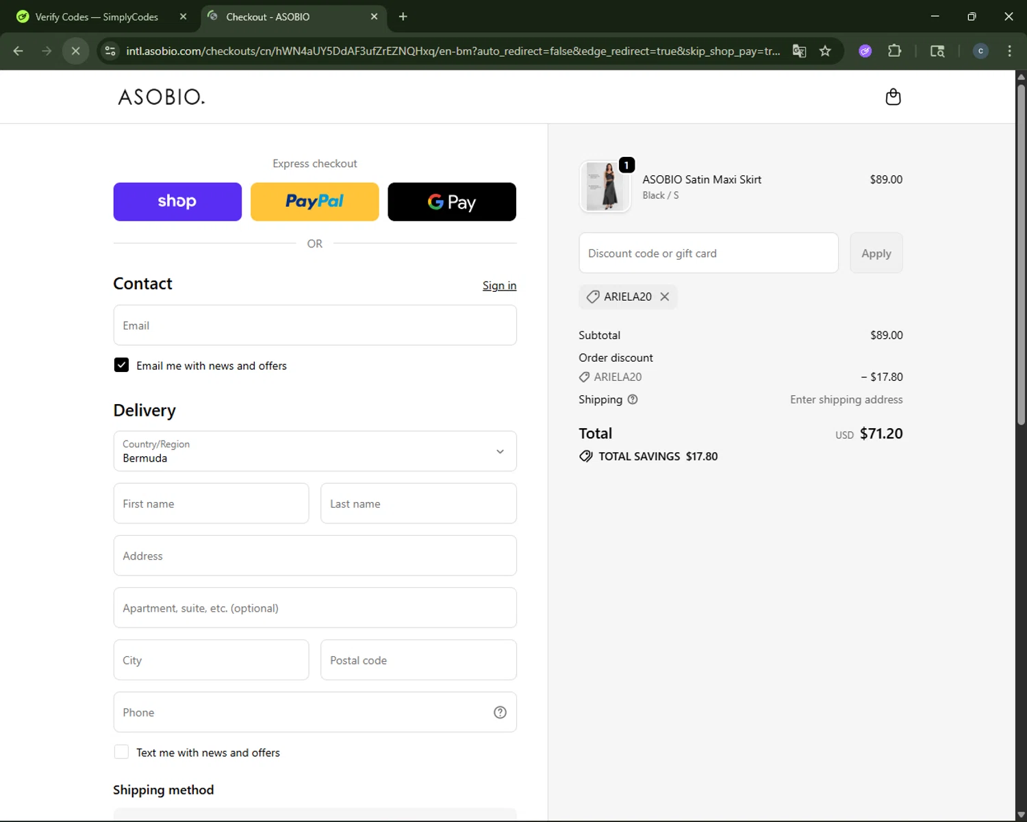 ASOBIO promo code screenshot showing code ariela20 applied at ASOBIO checkout page. Uploaded by SimplyCodes community member CouponAce2971 on Oct 27, 2025