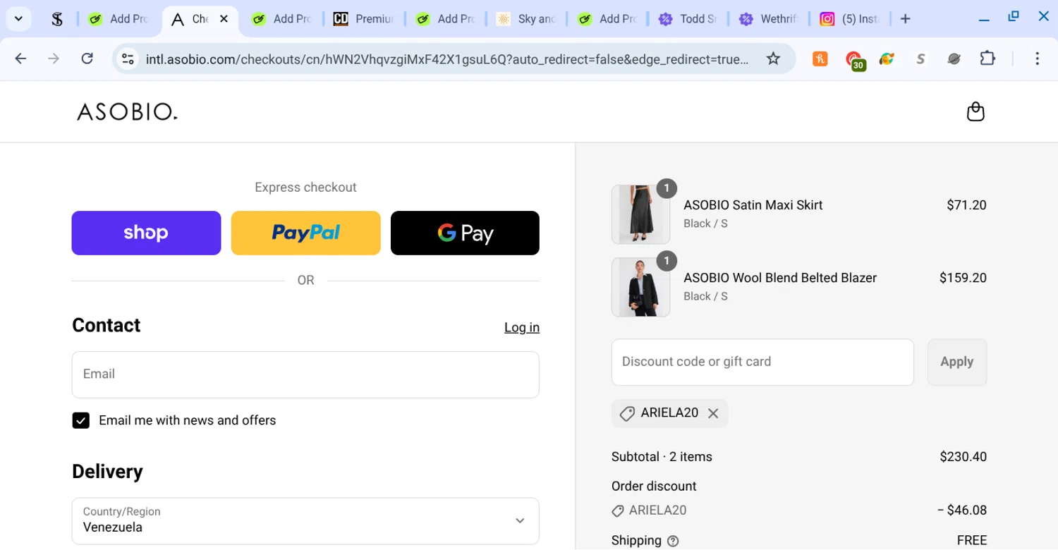 ASOBIO promo code screenshot showing code ariela20 applied at ASOBIO checkout page. Uploaded by SimplyCodes community member KarinaHZ on Sep 2, 2025