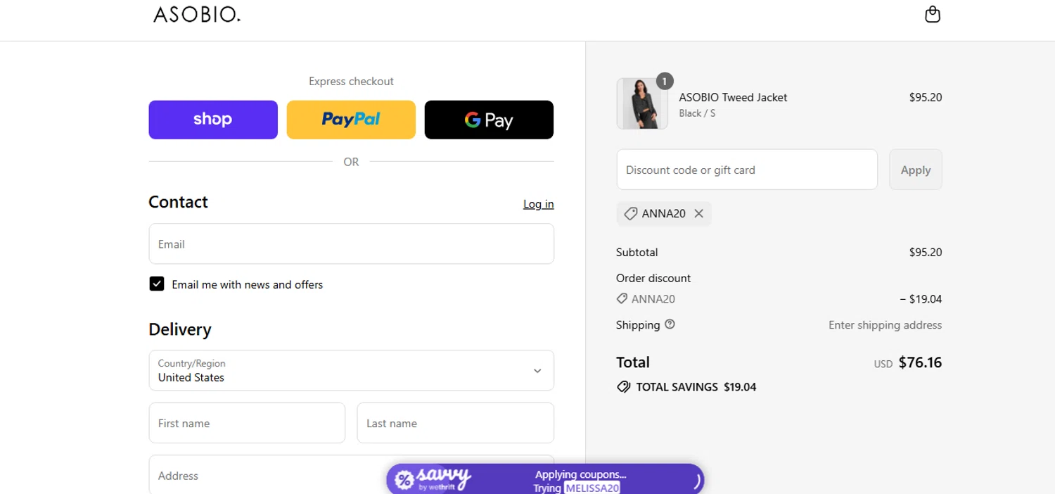 ASOBIO promo code screenshot showing code ANNA20 applied at ASOBIO checkout page. Uploaded by SimplyCodes community member shark12 on Sep 2, 2025