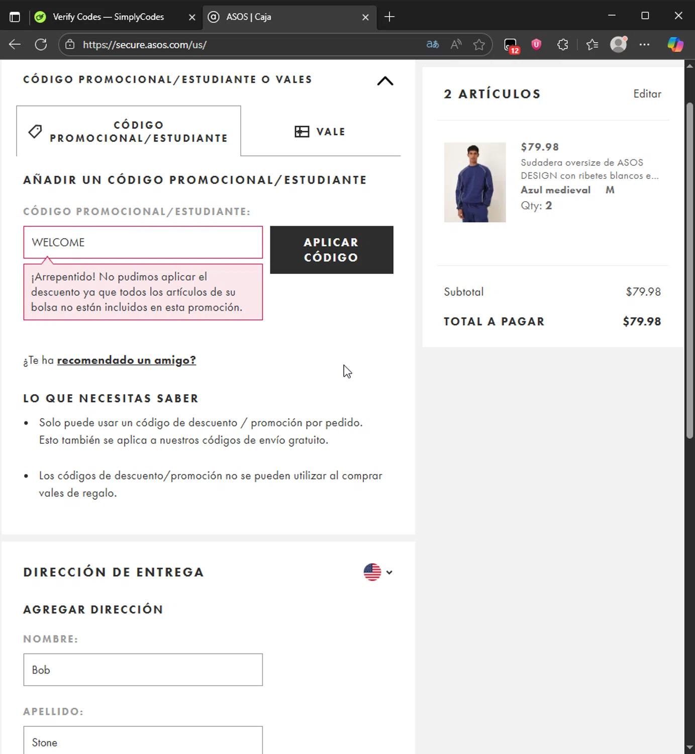 ASOS promo code screenshot showing code WELCOME applied at ASOS checkout page. Uploaded by SimplyCodes community member CleverAce742 on Aug 22, 2025