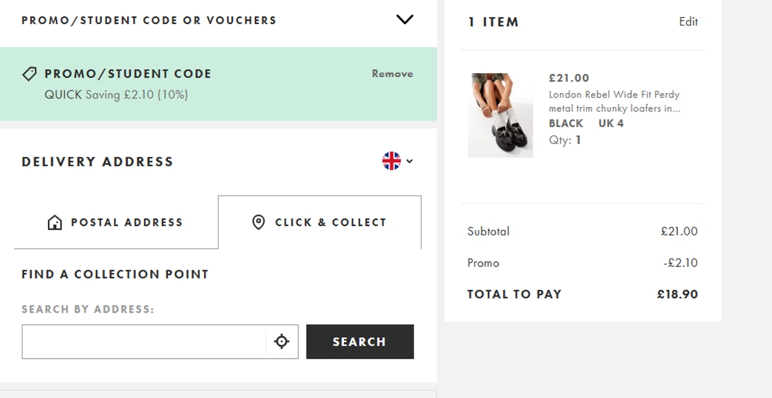 ASOS promo code screenshot showing code quick applied at ASOS checkout page. Uploaded by SimplyCodes community member SEMECOMARIO on Aug 29, 2025
