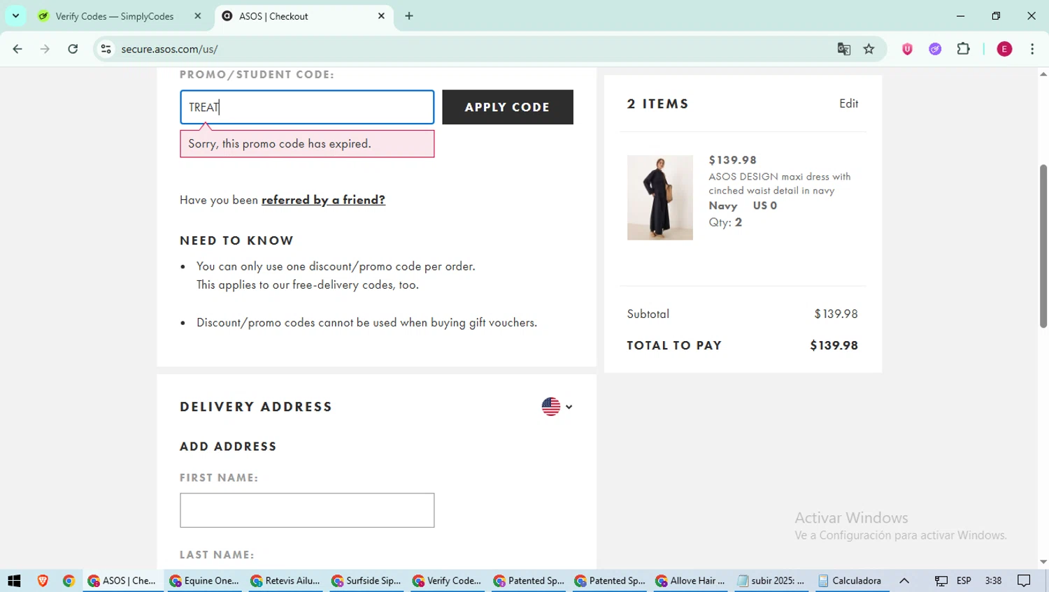 ASOS promo code screenshot showing code TREAT applied at ASOS checkout page. Uploaded by SimplyCodes community member BrilliantWhiz4434 on Aug 6, 2025
