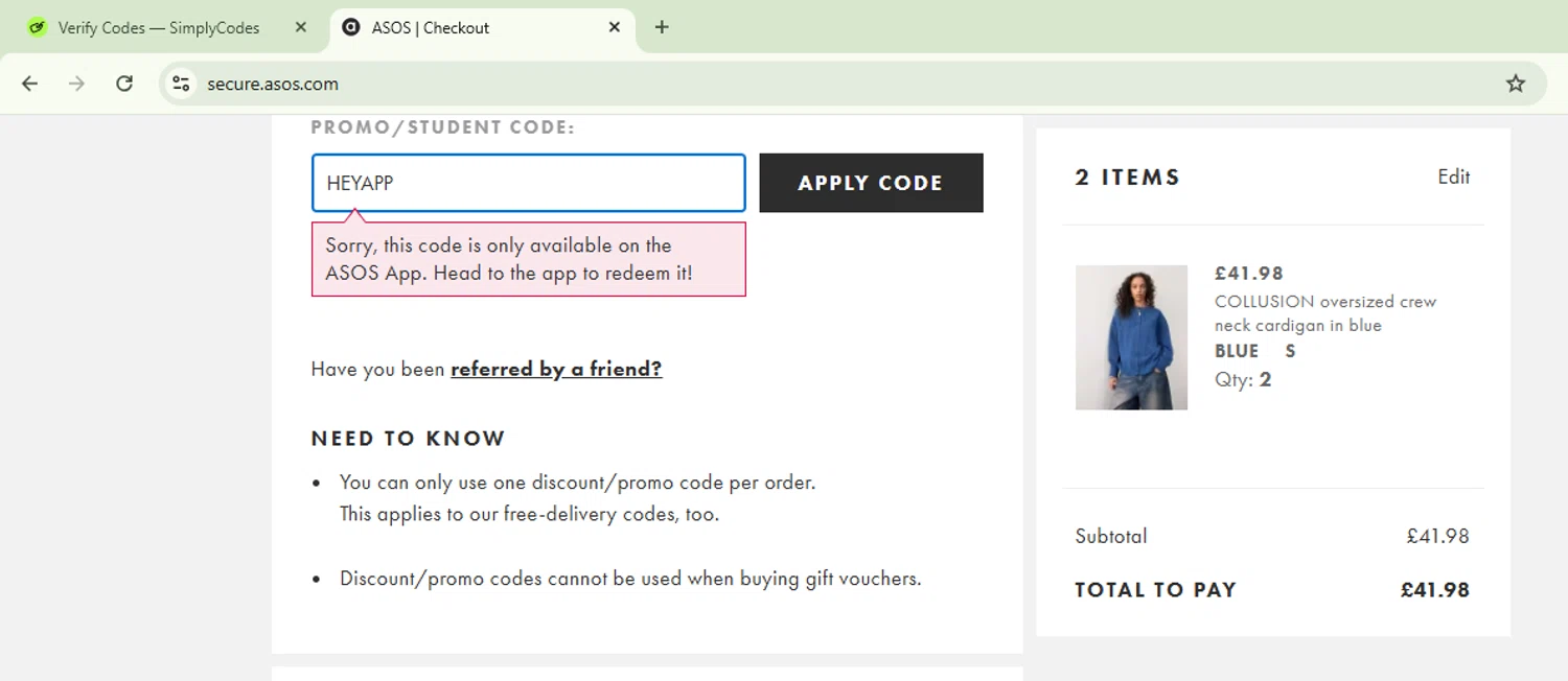 ASOS promo code screenshot showing code HEYAPP applied at ASOS checkout page. Uploaded by SimplyCodes community member CoinSage1043 on Aug 28, 2025