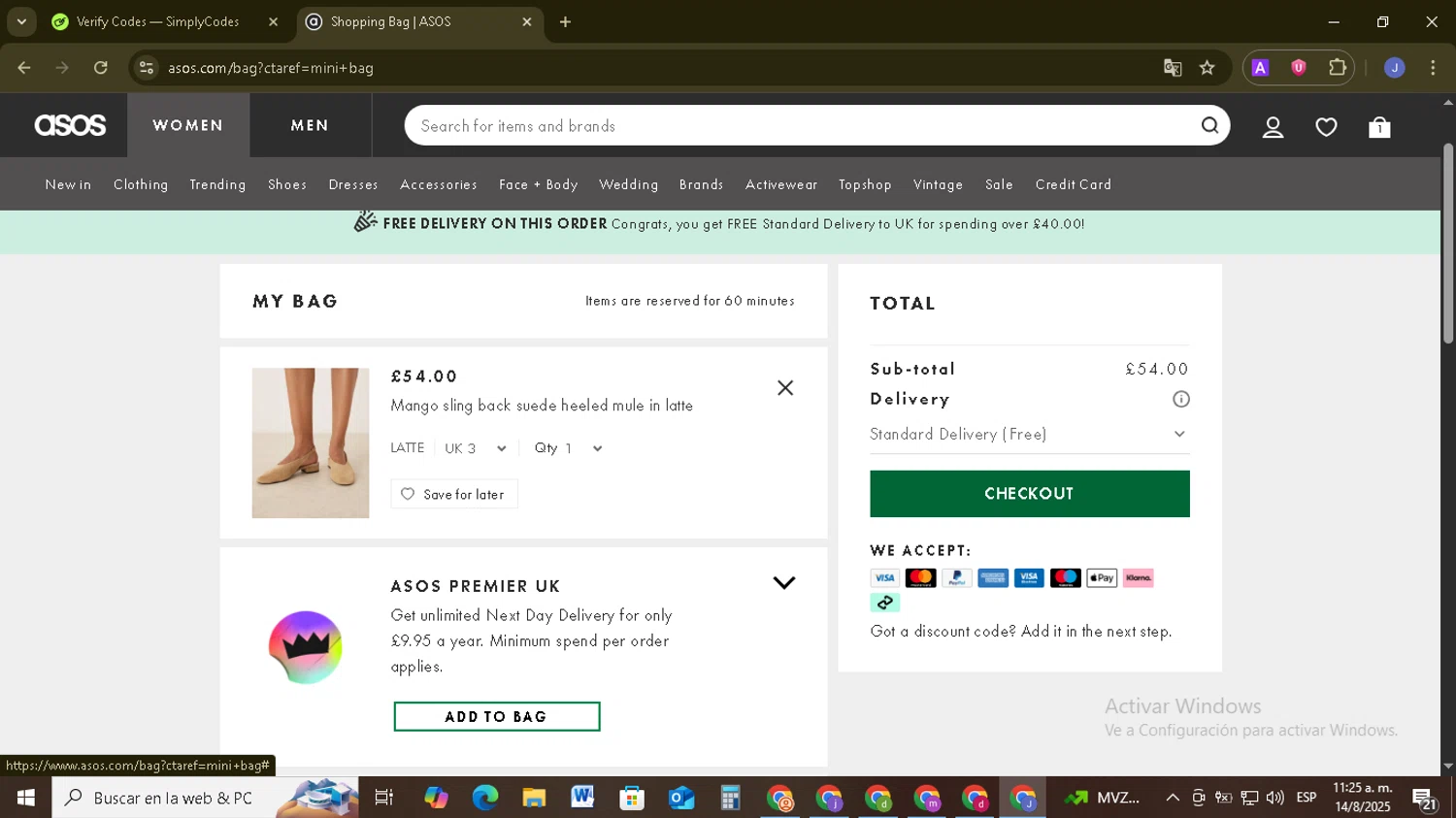ASOS promo code screenshot showing code HEYAPP applied at ASOS checkout page. Uploaded by SimplyCodes community member EpicSage3474 on Aug 14, 2025