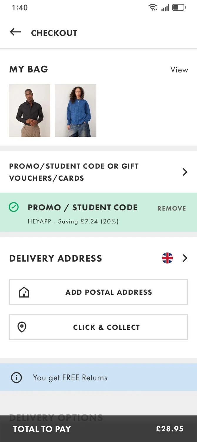 ASOS promo code screenshot showing code HEYAPP applied at ASOS checkout page. Uploaded by SimplyCodes community member franksanchez on Aug 28, 2025