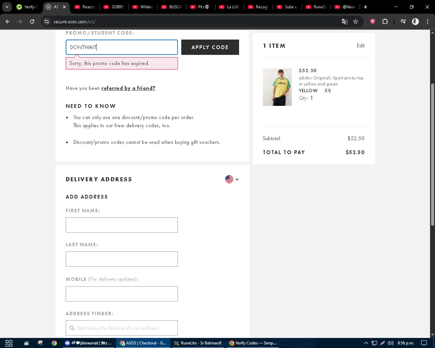 ASOS promo code screenshot showing code DONTWAIT applied at ASOS checkout page. Uploaded by SimplyCodes community member CleverSentinel9441 on Aug 27, 2025