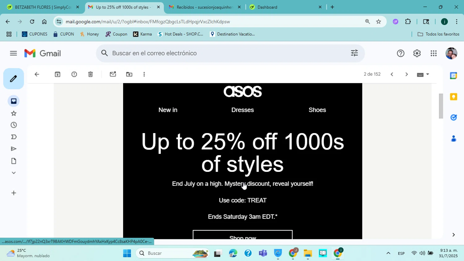 ASOS promo code screenshot showing code TREAT applied at ASOS checkout page. Uploaded by SimplyCodes community member ABHF23 on Jul 31, 2025